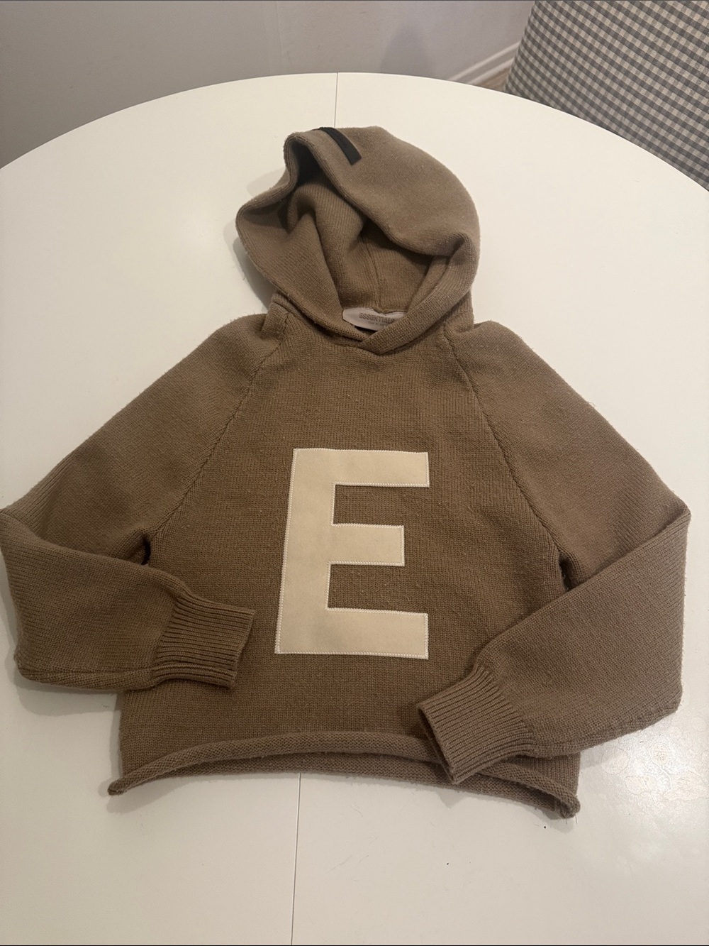 Essentials Brown Knit Hoodie with Cream 'E' Appliqué